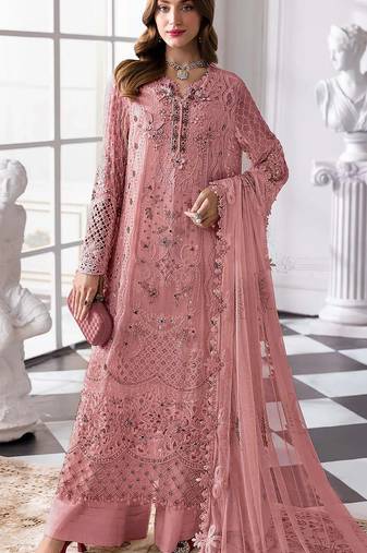 Peach fox georgette semi stitched suit with khatli & sequence work
