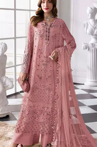 Peach fox georgette semi stitched suit with khatli & sequence work