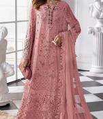 Peach fox georgette semi stitched suit with khatli & sequence work