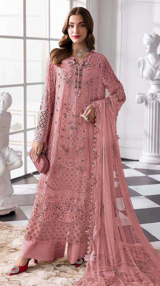 Peach fox georgette semi stitched suit with khatli & sequence work