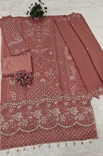 Peach fox georgette suit with khatli & sequin 