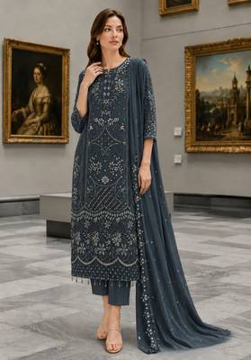 Blue Fox Georgette Semi Stitched Suit With Khatli & Sequin Work 1