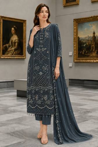 Blue Fox Georgette Semi Stitched Suit With Khatli & Sequin Work