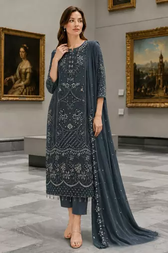 Blue Fox Georgette Semi Stitched Suit With Khatli & Sequin Work