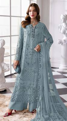 Blue fox georgette suit with khatli & sequin  1