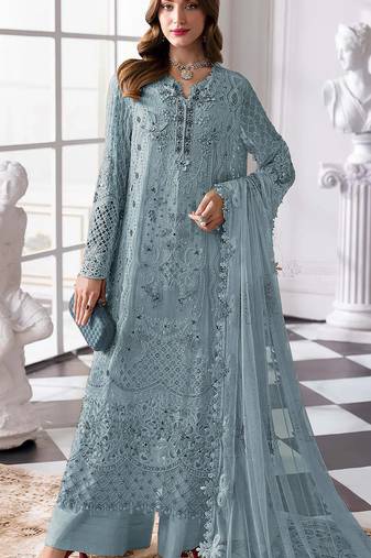 Blue fox georgette semi stitched suit with khatli & sequence work