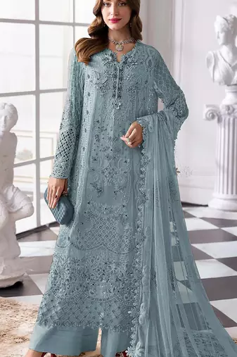 Blue fox georgette semi stitched suit with khatli & sequence work