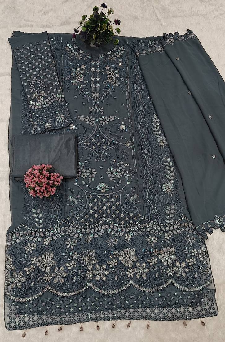 Blue Fox Georgette Semi Stitched Suit With Khatli & Sequin Work