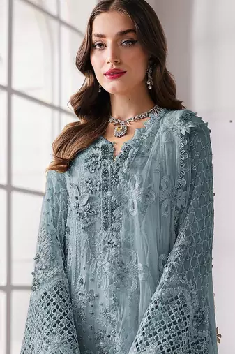 Blue fox georgette suit with khatli & sequin 