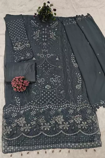 Blue fox georgette suit with khatli & sequin 