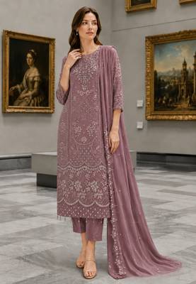 Purple Fox Georgette Semi Stitched Suit With Khatli & Sequin Work 1