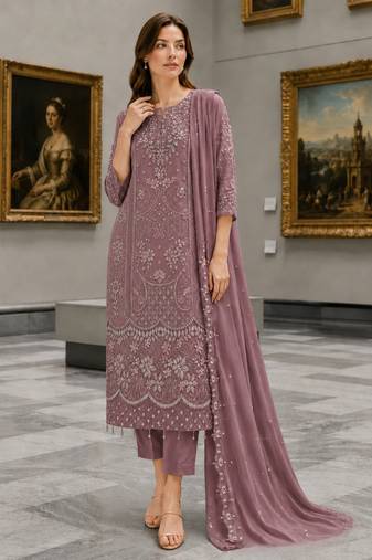 Purple Fox Georgette Semi Stitched Suit With Khatli & Sequin Work