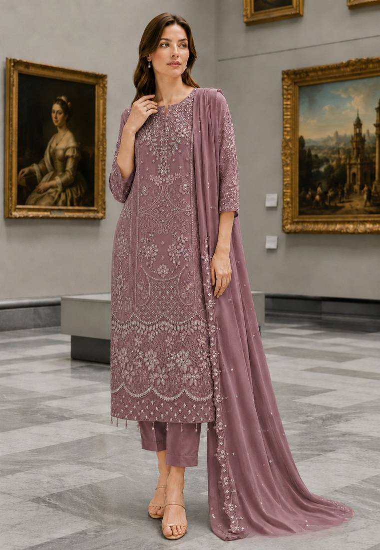 Purple Fox Georgette Semi Stitched Suit With Khatli & Sequin Work