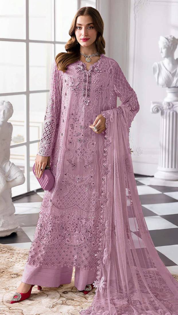 Purple fox georgette semi stitched suit with khatli & sequence work