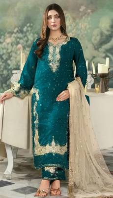 Teal jimmy cho suit with embroidered sequin  1