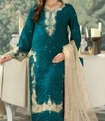 Teal jimmy cho semi stitched suit with embroidery & sequence work