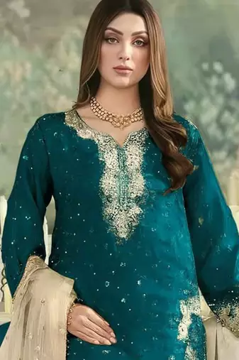 Teal jimmy cho suit with embroidered sequin 