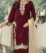 Maroon jimmy cho semi stitched suit with embroidery & sequence work