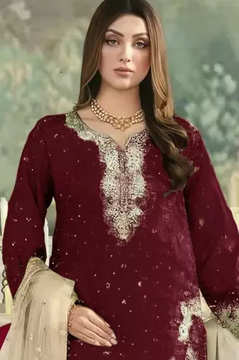 Maroon jimmy cho suit with embroidered sequin 