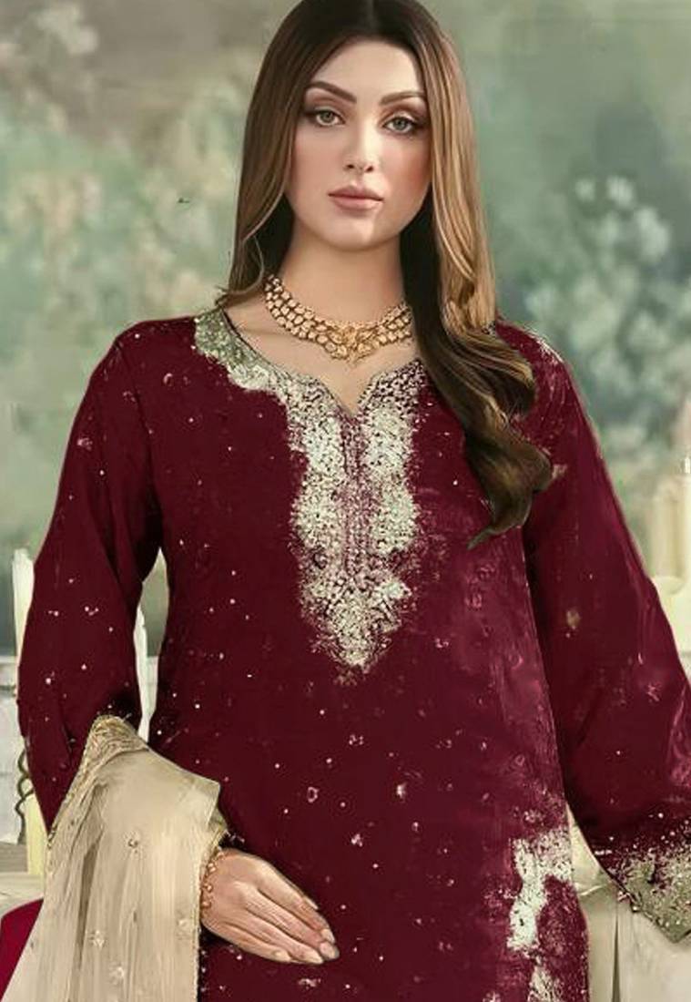 Maroon jimmy cho semi stitched suit with embroidery & sequence work