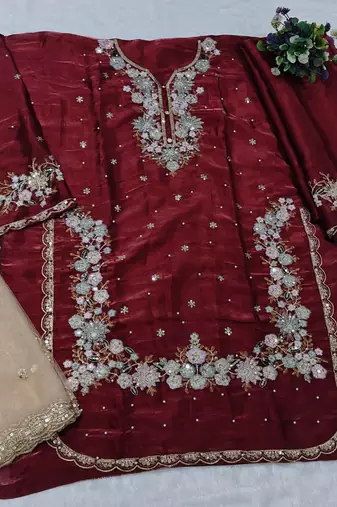 Maroon jimmy cho suit with embroidered sequin 