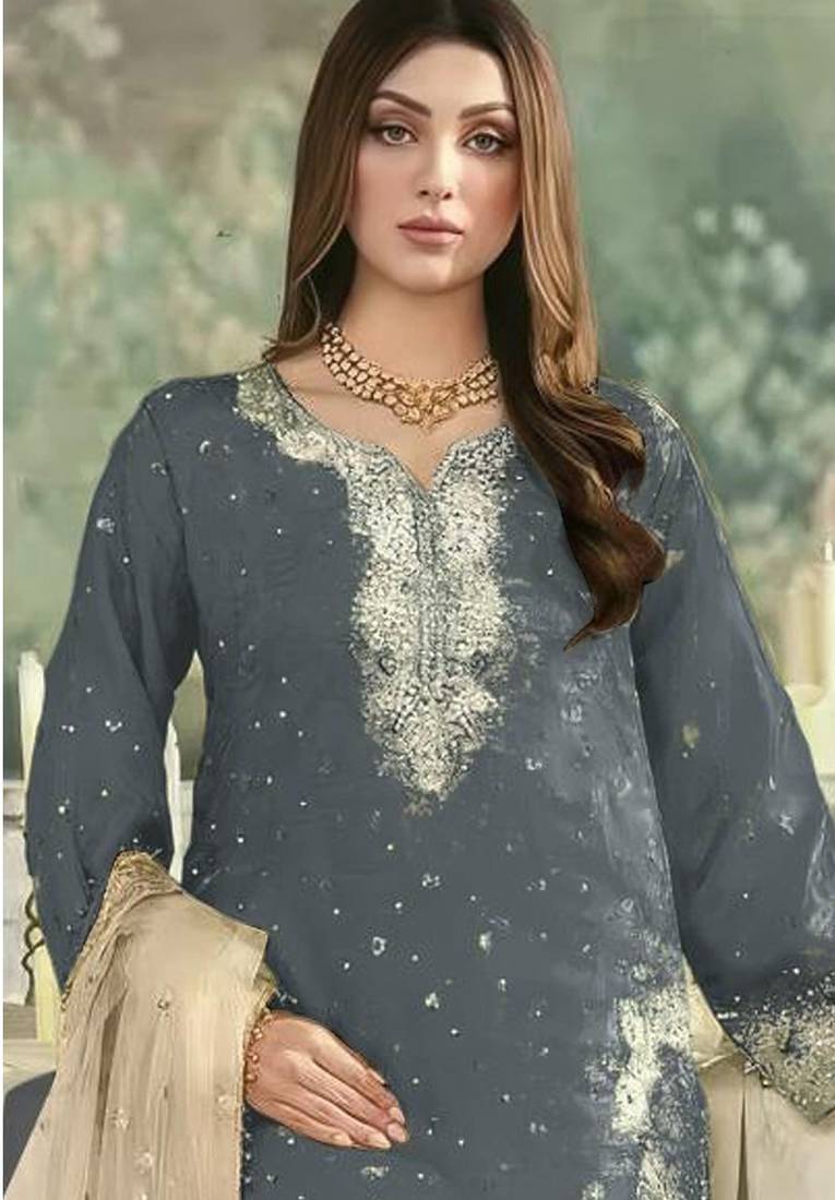 Grey jimmy cho semi stitched suit with embroidery & sequence work