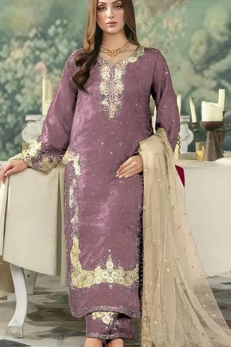 Lavender jimmy cho semi stitched suit with embroidery & sequence work