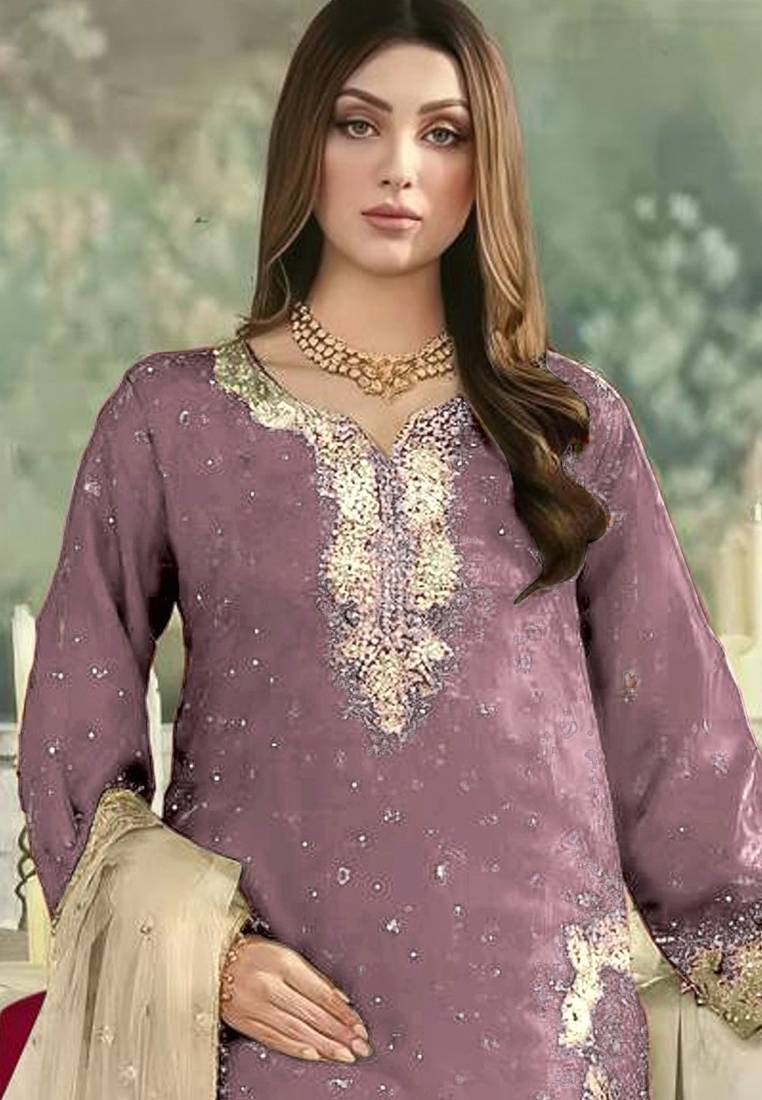 Lavender jimmy cho semi stitched suit with embroidery & sequence work