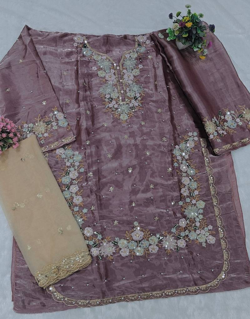 Lavender jimmy cho semi stitched suit with embroidery & sequence work