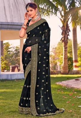 black zari embroidered stone border georgette designer saree for women 1