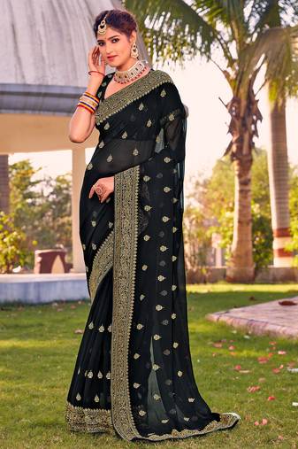 black zari embroidered stone border georgette designer saree for women