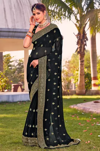 black zari embroidered stone border georgette designer saree for women