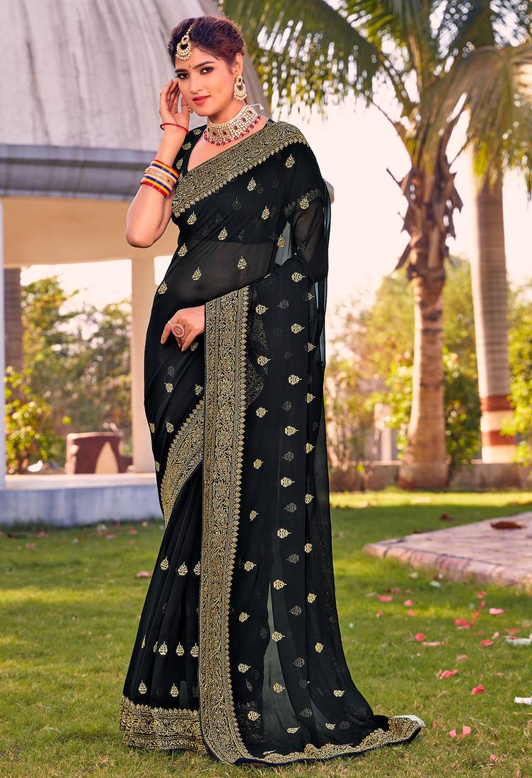 black zari embroidered stone border georgette designer saree for women