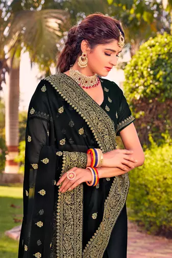 black zari embroidered stone border georgette designer saree for women