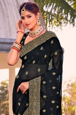 black zari embroidered stone border georgette designer saree for women 3