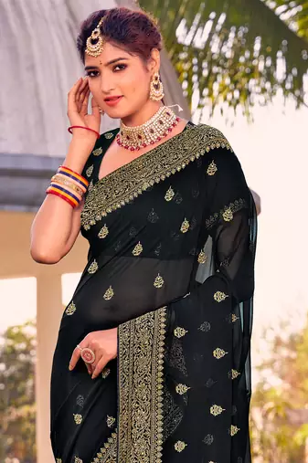 black zari embroidered stone border georgette designer saree for women