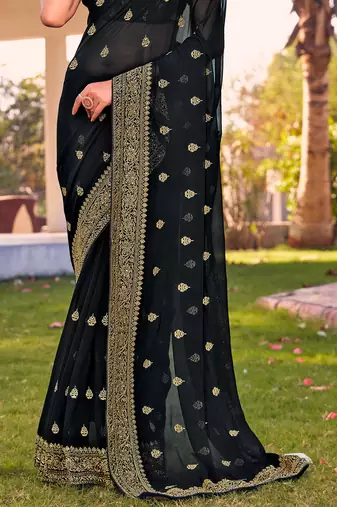 black zari embroidered stone border georgette designer saree for women