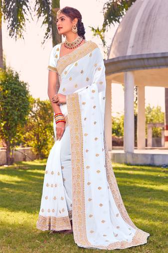 white zari embroidered stone border georgette designer saree for women