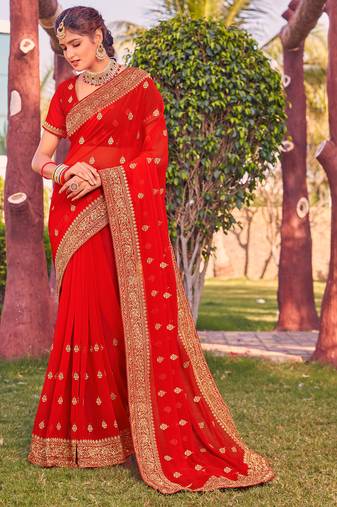red zari embroidered stone border georgette designer saree for women