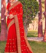 red zari embroidered stone border georgette designer saree for women