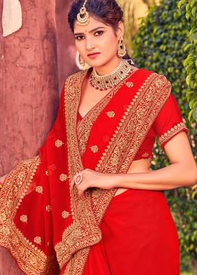 red zari embroidered stone border georgette designer saree for women 2