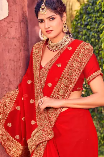 red zari embroidered stone border georgette designer saree for women