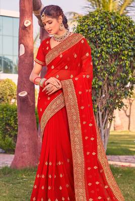 red zari embroidered stone border georgette designer saree for women 3