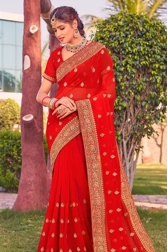 red zari embroidered stone border georgette designer saree for women