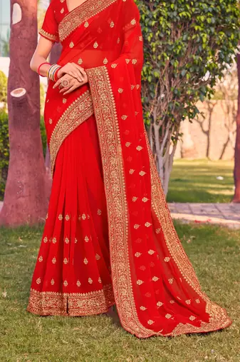 red zari embroidered stone border georgette designer saree for women