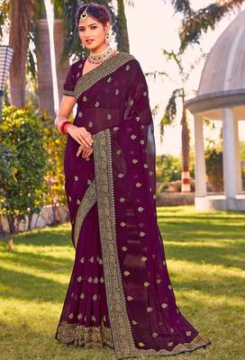 wine zari embroidered stone border georgette designer saree for women 1