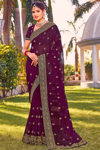 wine zari embroidered stone border georgette designer saree for women