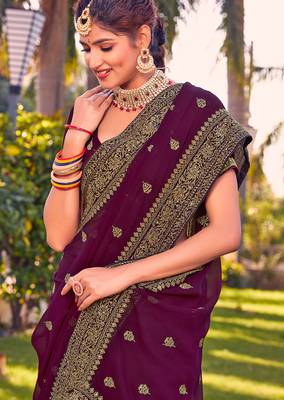 wine zari embroidered stone border georgette designer saree for women 2