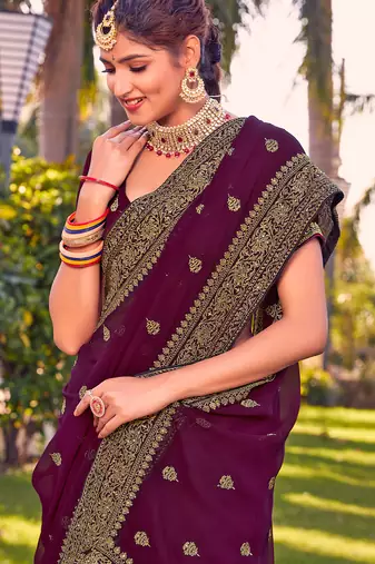 wine zari embroidered stone border georgette designer saree for women