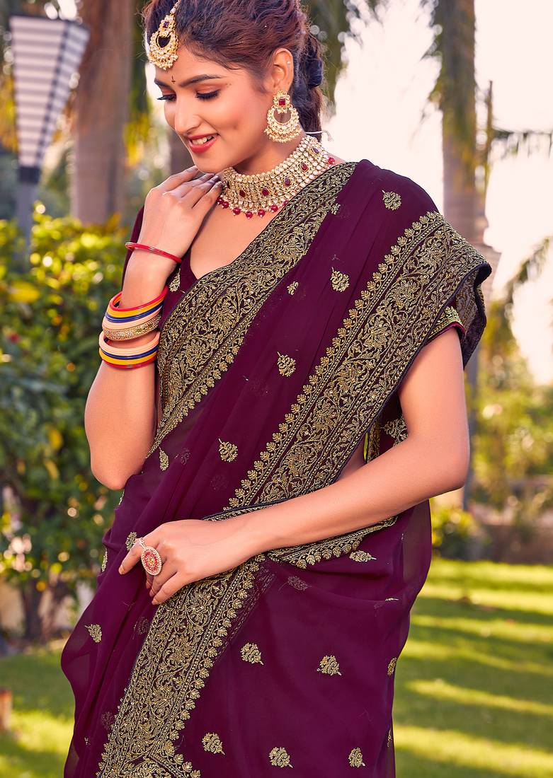 wine zari embroidered stone border georgette designer saree for women